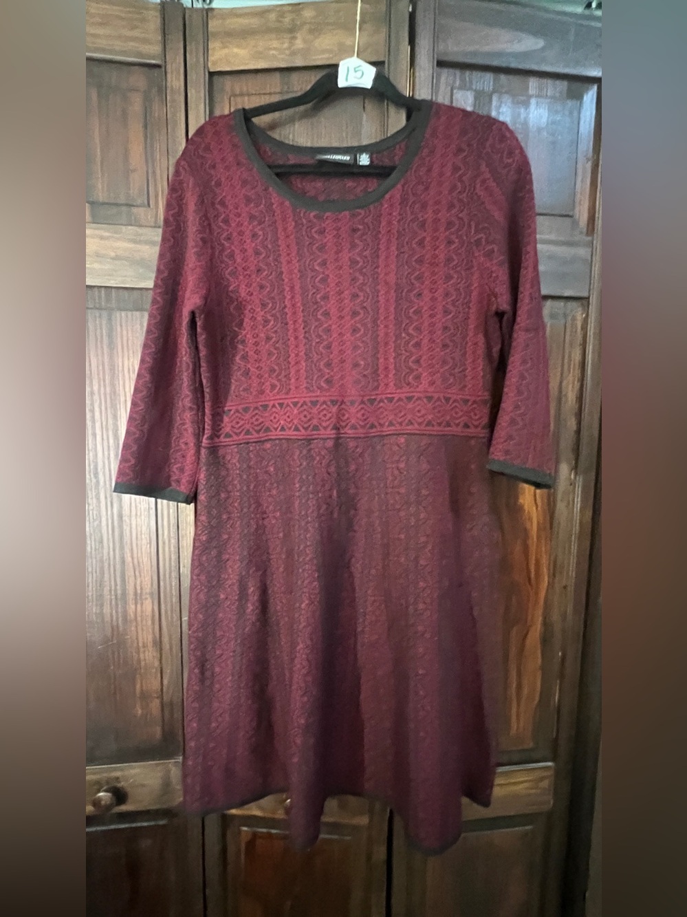 Nina Leonard Burgundy Knit Lace-Pattern Long Sleeve Dress